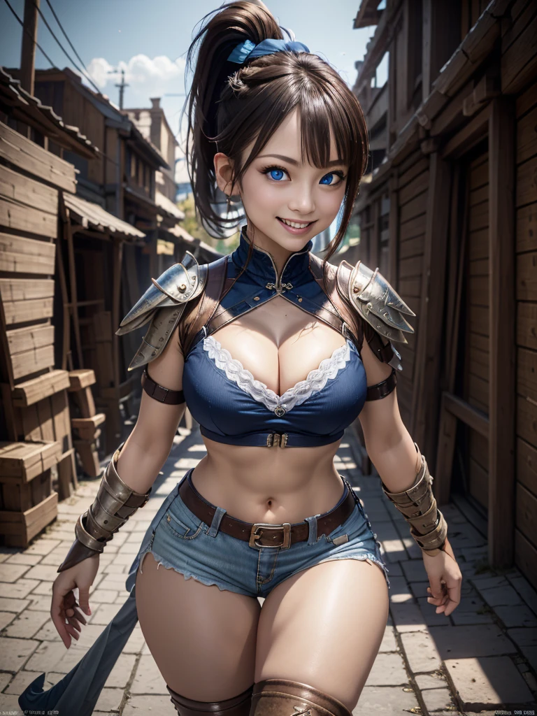 The best masterpieces, absurdly cute, (ultra-quality: 1.32), (The ultra -The high-definition: 1.4), (超A high resolution: 1.3), (CG Unity 8K wallpaper: 1.2), (Detailed eyes and skin: 1.35), (detailed facial features: 1.25), (Detailed pupils: 1.36), Precise and perfect human structure, (authentic skin: 1.26),
hyper realistic photography, foco nítido, High dynamic range, Face Light, Dynamic lighting, Cinematic lighting, Professional Shadows, SLR,
((Ponytail: 1.47)), Brown hair, (Blue eyes: 1.28)), thick bangs, Blue Ribbon, Show white teeth and smile, cleavage of the breast, large bountiful breasts, Attractive thighs, abdominals, Shiny skin, juicy thighs, Beautiful legs,
((adventurer:1.4)), Open your feet shoulder-width apart、Hold your weapon、jaket、Tank Tops、hotpants、long boots、caves、Treasure hunt、Treasure Hunter