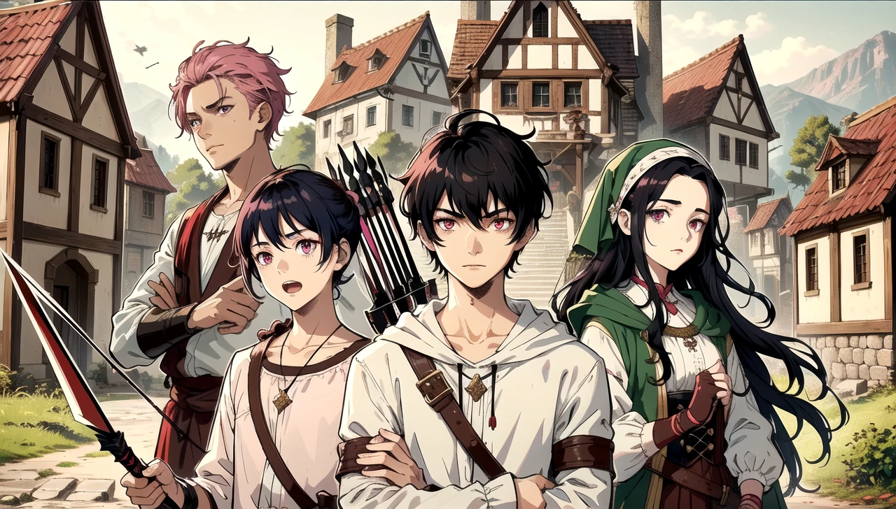 Generate a temporal image for me, demonstrating as if it were the medieval period. In this scenario, put 4 young people, the one in front, a 1 boy with a dagger in his hand pointing upwards, chestnut hair, eyes browns, strong and wearing dark brown clothing. On his side, One young woman, a one woman, shorth hair, dark pink, with a pink and white outfit, Holding a book. on the other side, another boy , shorth hair e preto, with a bad face holding two hatchets, one in each hand, dressed in black and dark red clothes, dark-skinned, and next to him another , , segurando um arco, with several arrows stored in his back, Dark Blue Hair, black eyes and a smart and evil face with determination, dressed in a white and dark red outfit