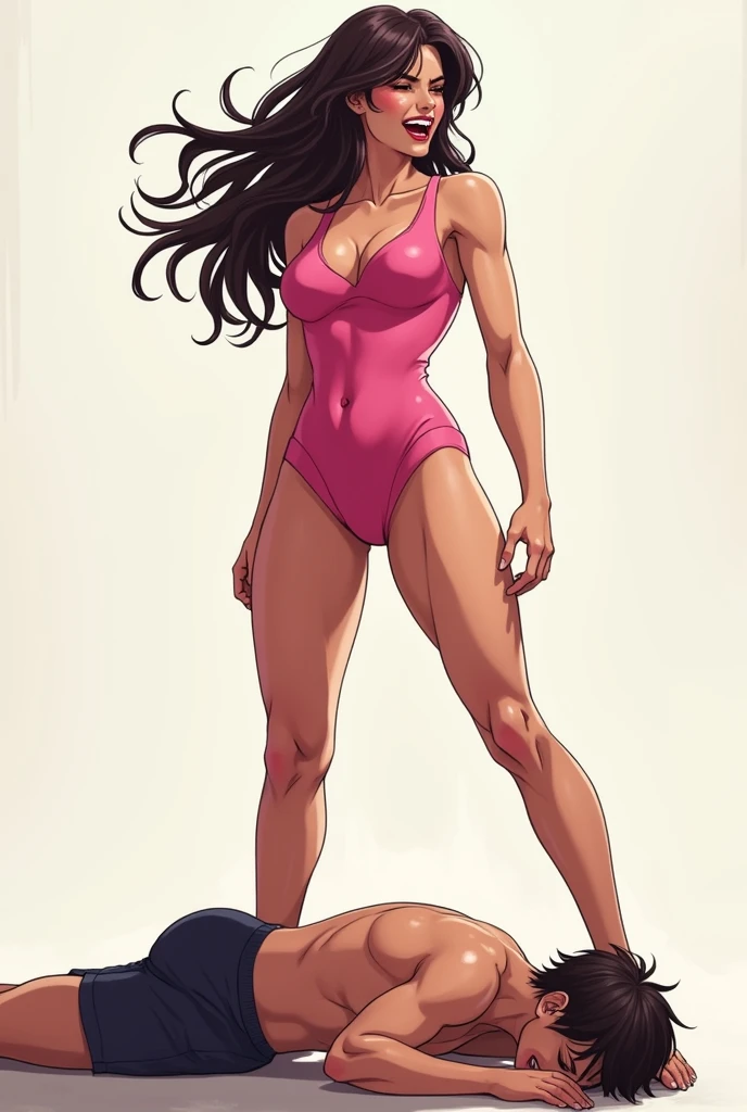 Beautiful girl beats boy in fight. Boy is on the ground in pain, and girl is standing above him, laughing at him. The girl is wearing a long pink tank top that is form-fitting and accentuates her curves. She has large breasts. She is wearing pink panties. Make sure woman has long tank top