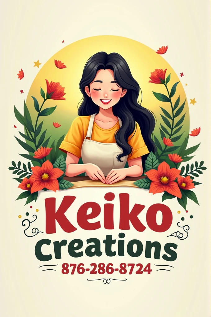 Keiko Creations brand logo phone number 11 9 1357 7644 asian woman making crafts sunny day