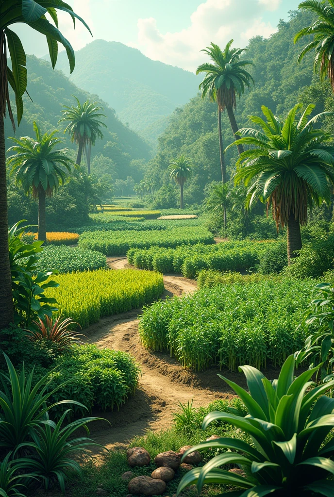 farm with green plants onion Okra corn plant coconut tree sugarcane tree chili tree
water lily tree Chives pepper tree