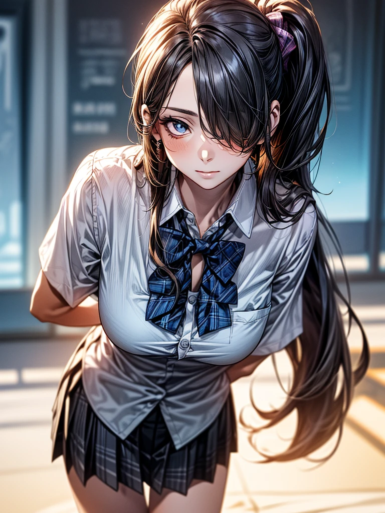 (SFW:1.5) ,Ultra high definition, High detail, Textured skin, retina, High resolution, 
(masterpiece:1.2, top-quality), (realistic, photorealistic:1.4), beautiful illustration, 
looking at viewer, full body, front view:0.6, 
1 girl, japanese, high school girl, (long hair:1.5), blown hair, (side ponytail), hair over one eye, large breasts:0.8, 
beautiful hair, beautiful face, beautiful detailed eyes, beautiful clavicle, beautiful body, beautiful chest, beautiful thigh, beautiful legs, beautiful fingers, 
(beautiful scenery), School zone
((collared short sleeve shirt, white shirt, , grey plaid pleated skirt, blue plaid bow tie)), open chest shirt、(Underwear shows through the shirt:1.2)
(Are standing、slouch, grab the hem of the skirt, hands on chest, hand between leglush,(Leaning forward:1.5)(Portrait Angle)