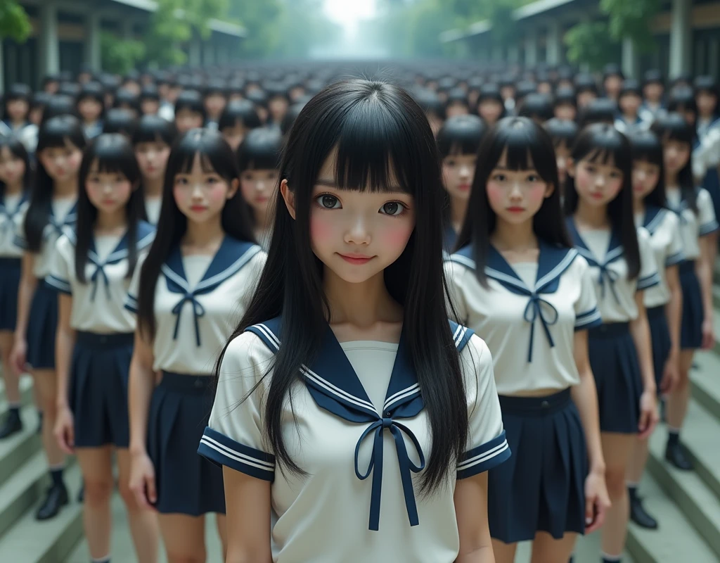 (Japanese Clone-girls=Myself), (Super Best masterpiece Clone-girls Raw Photography Art), (16K, Highest quality, Ultra-high resolution, RAW Photos), (It's so unrealistic., With unparalleled depiction, With an unfathomable sight, An unprecedented and shocking worldview, Clone-girls: In a world of mass reproduction, Ultra-realistic), (Japanese Girls, 16yo, Small face, Thick black hair, long hair, Dark Eyes, Mature face, かわいいsmile, Smiling face, A gentle gaze, Very pleasant look), (Very beautiful detailed girls, Accurate body structure, Accurate body movements, Very detailed body, (Super big breasts, Large bulge of ample breasts)), (Schoolgirl uniform, Short sleeve, mini skirt, Emphasise the fullness of your breasts), (Very detailed, Myself cloning, Depiction of splitting oneself, 1Myself girl→1,000,000,000,000,000,000,000,000,000,000Myself cloning girls), (Very detailed and intricate, Myself's body is multiplying, A perfectly matched depiction, (In the same female body,With the same face, With the same hairstyle, In the same clothes, At the same height, 同じSuper big breasts), 1,000,000,000,000,000,000,000,000,000,000 people mass proliferation), (Myself girls only), Academy, academic level, Commemorative photo depiction, Tiered stage photography, smile, Front view