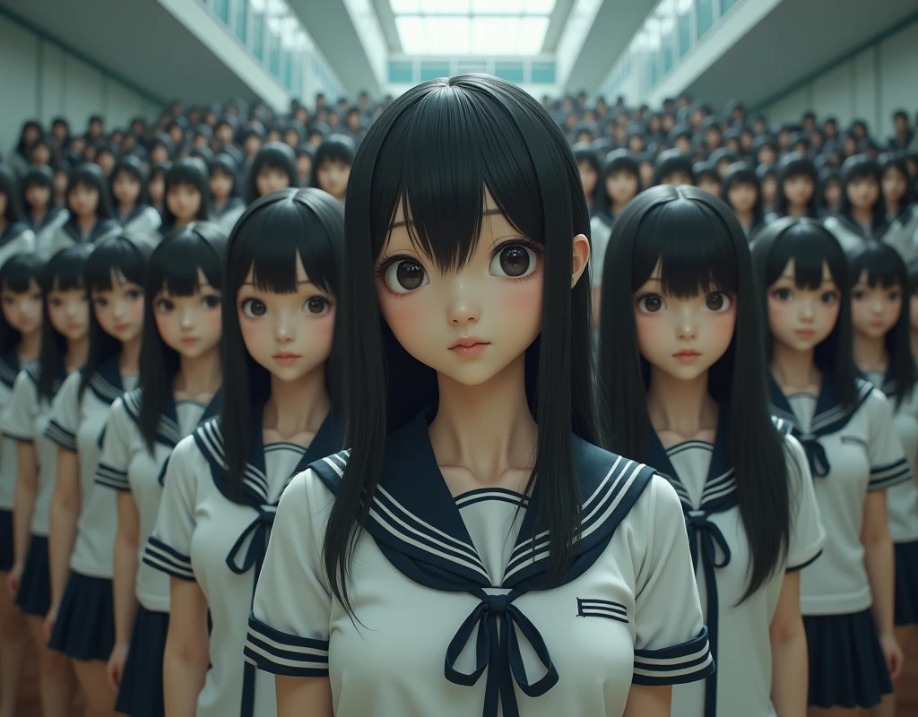 (Japanese Clone-girls=Myself), (Super Best masterpiece Clone-girls Raw Photography Art), (16K, Highest quality, Ultra-high resolution, RAW Photos), (It's so unrealistic., With unparalleled depiction, With an unfathomable sight, An unprecedented and shocking worldview, Clone-girls: In a world of mass reproduction, Ultra-realistic), (Japanese Girls, , Small face, Thick black hair, long hair, Dark Eyes, Mature face, かわいいsmile, Smiling face, A gentle gaze, Very pleasant look), (Very beautiful detailed girls, Accurate body structure, Accurate body movements, Very detailed body, (Super big breasts, Large bulge of ample breasts)), (Schoolgirl uniform, Short sleeve, mini skirt, Emphasise the fullness of your breasts), (Very detailed, Myself cloning, Depiction of splitting oneself, 1Myself girl→1,000,000,000,000,000,000,000,000,000,000Myself cloning girls), (Very detailed and intricate, Myself's body is multiplying, A perfectly matched depiction, (In the same female body,With the same face, With the same hairstyle, In the same clothes, At the same height, 同じSuper big breasts), 1,000,000,000,000,000,000,000,000,000,000 people mass proliferation), (Myself girls only), Academy, academic level, Commemorative photo depiction, Tiered stage photography, smile, Front view