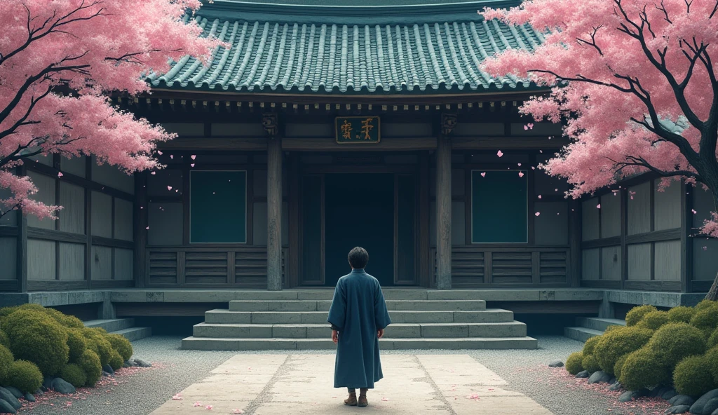 Hiro approached the ancient temple, the sound of his sandals crunching on the gravel path echoing in the silence. The temple stood as a bastion of serenity amid the chaotic world, its wooden beams weathered but strong, with moss creeping up the stone foundations. Hiro’s heart raced with anticipation and anxiety as he neared the entrance, his mind swirling with doubts and fears. He wore a dark blue kimono, the hem frayed from his long journey. The weight of his worries hung on his shoulders, mirrored in the tired droop of his posture
As he reached the gate, it swung open silently, as if inviting him in. He stepped onto the temple grounds, where the air felt different—lighter, purer. The distant sound of wind chimes mixed with the rustle of cherry blossoms falling like soft pink snow. In that moment, Hiro felt a flicker of hope, though uncertainty still clouded his heart. He knew he had reached a place of great wisdom, but he wondered if even Master Koji could ease the storm within him
