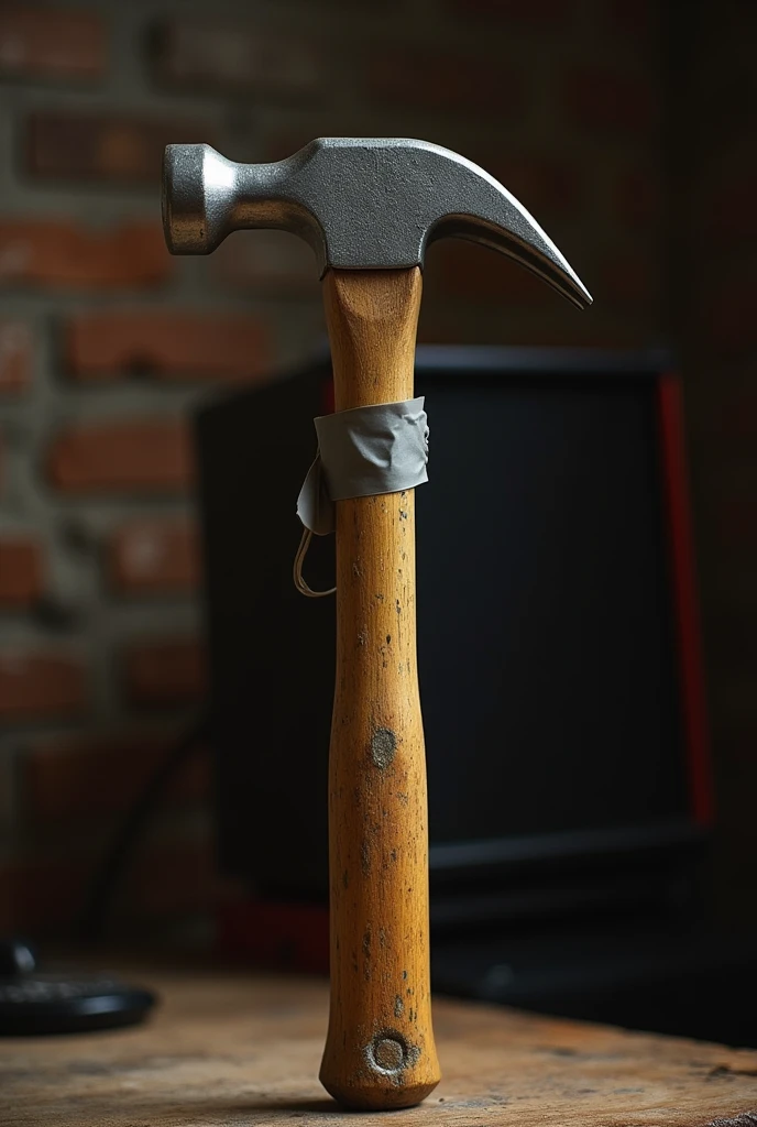 .The hammer is held upright, with a microphone duct-taped to the handle.