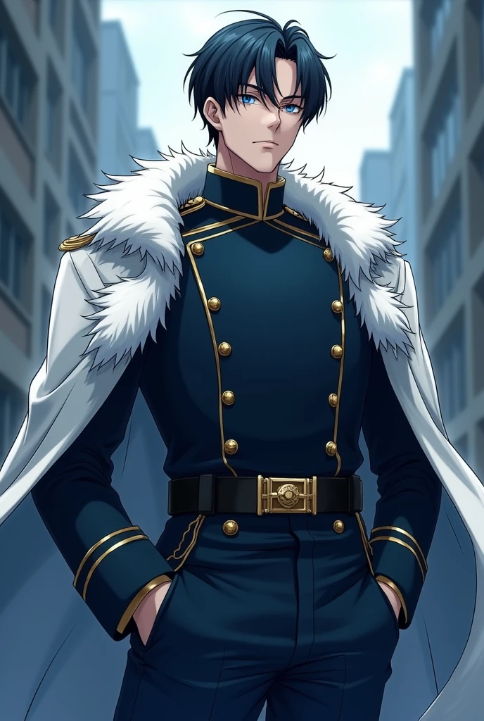 An adult man about 28-30 years old. He was tall, his face was as cold as a block of ice, his short black hair made him even gloomier, his blue eyes made his face colder. He was wearing a navy blue military outfit combined with a white fur coat, looking very majestic. anime characters