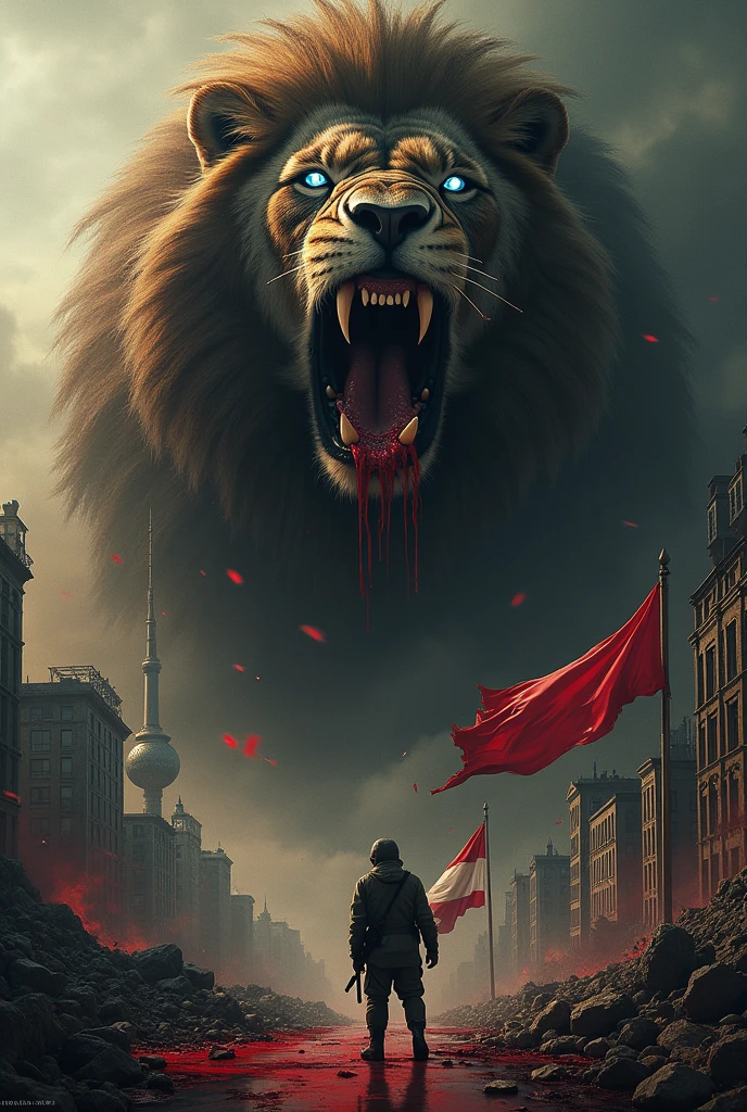 Create a movie poster about the blockade by stalin in history, which has to include the lion symbolising the Soviet Union with Berlin and the three western powers in its bloody mouth. Please include Berlin and the three western countries CLEARLY. Make it horror