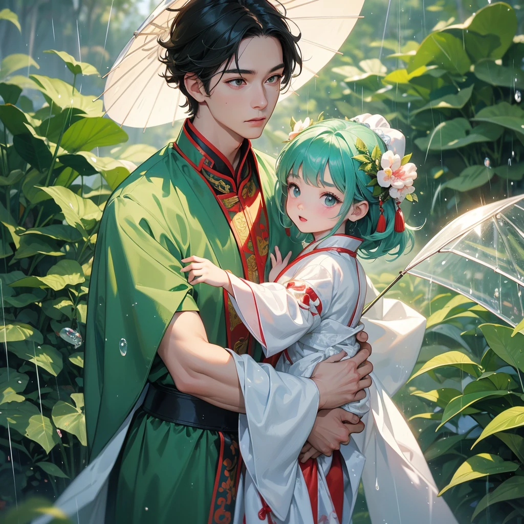 A one-year-old baby boy in an ancient Chinese baby costume with his beautiful mother, dressed in an white ancient Chinese costume, playing with each other, with his handsome father standing next to his mother, close up.

Stand holding an umbrella to protect from the rain. Rain fell and splashed around. There are water droplets falling on the leaves in the surrounding area, green and moist, the atmosphere after rain.