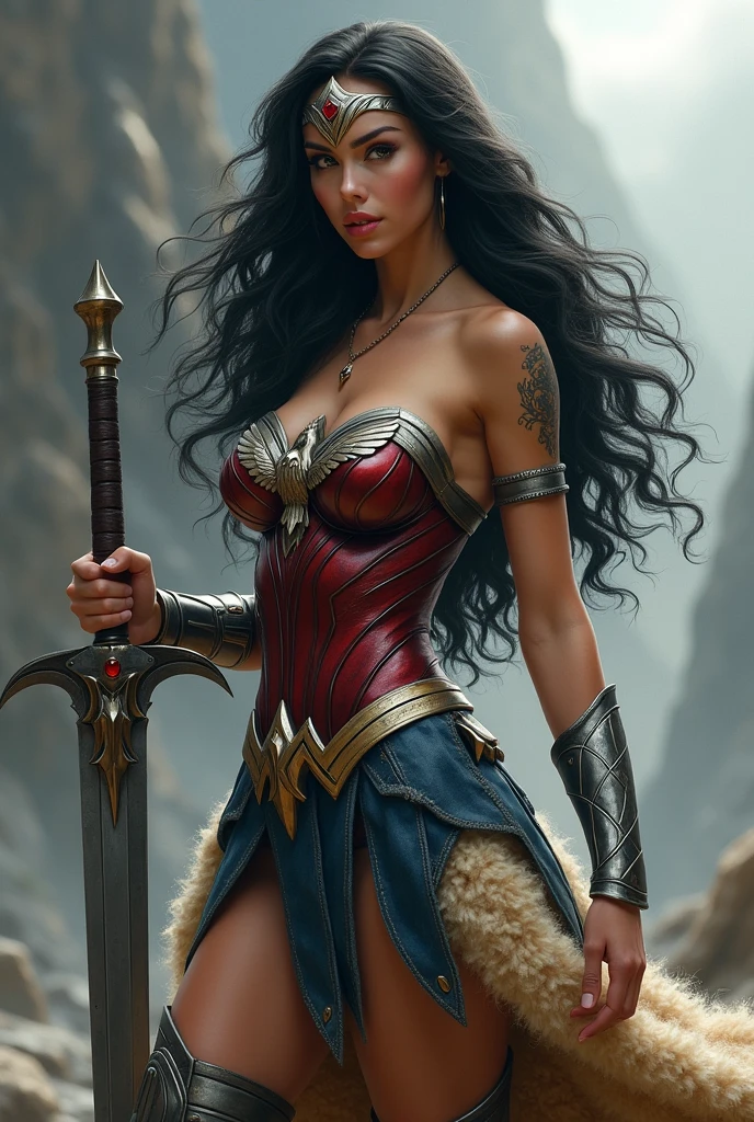 (((Wonder Woman Sheepskin Skirt A beautiful woman with long black windblown hair under the cloak of the Amazon warrior Wonder Woman((((((Sheepskin skirt sobre Black legis)))))),(((Red corset with a wide silver metal eagle covering her breasts as an emblem))),(((Dark silver metal bracelets))),(((Sheepskin boots up to the knees with sheepskin trim)),(((Sheepskin on his shoulders))),(((Tattoos on one of her arms and a wide silver metal headband with a red star ruby on her forehead)))Giant Viking style sword in his hand))),(((Wonder Woman Vikingo))),(((Black legis))),((((((Red boots in sheepskin with beige trim)))))),((((((Sheepskin skirt)))))),((((((((Sheepskin skirt)))))))),(((((Sheepskin boots)))))