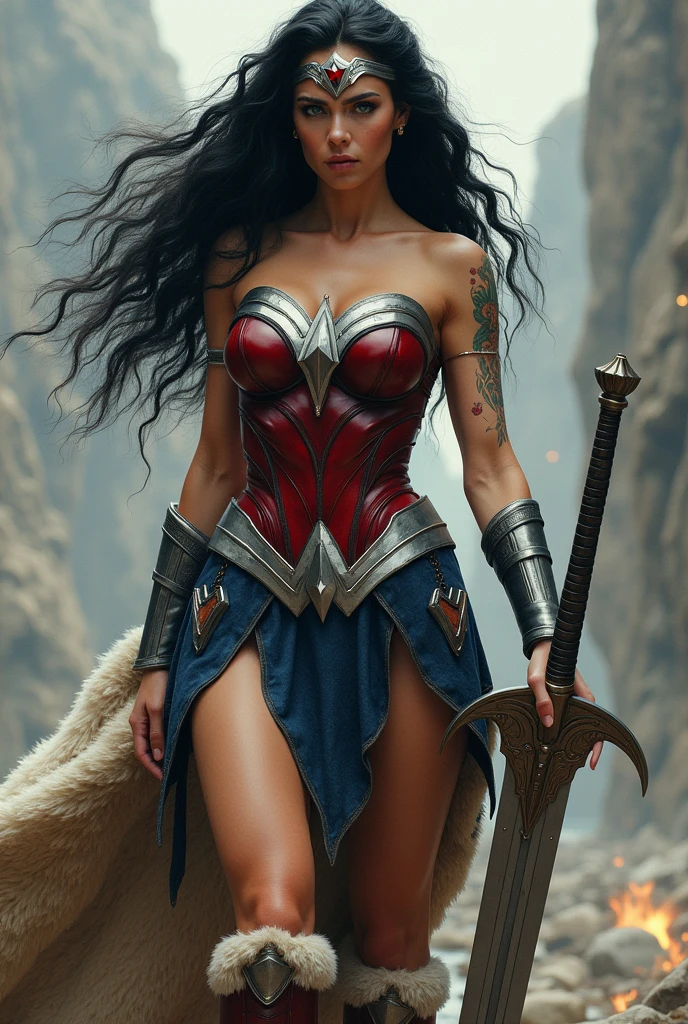 (((Wonder Woman Sheepskin Skirt A beautiful woman with long black windblown hair under the cloak of the Amazon warrior Wonder Woman((((((Sheepskin skirt sobre Black legis)))))),(((Red corset with a wide silver metal eagle covering her breasts as an emblem))),(((Dark silver metal bracelets))),(((Sheepskin boots up to the knees with sheepskin trim)),(((Sheepskin on his shoulders))),(((Tattoos on one of her arms and a wide silver metal headband with a red star ruby on her forehead)))Giant Viking style sword in his hand))),(((Wonder Woman Vikingo))),(((Black legis))),((((((Red boots in sheepskin with beige trim)))))),((((((Sheepskin skirt)))))),((((((((Sheepskin skirt)))))))),(((((Sheepskin boots)))))