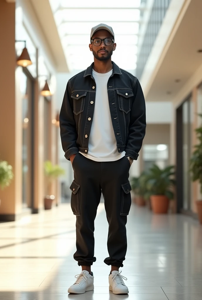 best qualityer:1.4), (ultra high resolution:1.2), (photorrealistic:1.4), (8k, CRU photo:1.2), a thin young man of 20 years old, skin black, with a smooth, beardless face, corte de cabelo buzzcut. He is wearing a white shirt and black cargo pants.. He is wearing a black denim jacket. He's wearing a gray cap. This one is wearing white sneakers. He is standing in the mall hallway. thin build. 1,75cm tall. It's sunny. thin build. is looking at the camera. 1,75 cm tall. thin build. He is wearing black prescription glasses..
