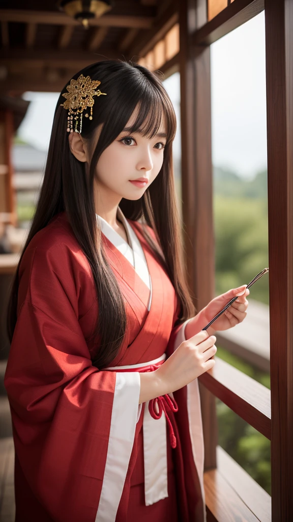 ((最high quality、Tabletop、8k、Best image quality、1Only people))、Japanese Shrine maiden of the Edo period、Japanese hair ornaments、Shrine maiden'White、Shrine maiden千早、Shrine maiden'Red too、long Red too、perfect red and white Shrine maiden costume、The atmosphere of ancient Japan、classic and classic Shrine maiden、Classic atmosphere、Depiction of the film、classic Shrine maiden、Full of Japanese atmosphere from the Edo period、Look at me、Elegant smile、Upper body photo、Perfectly recreates the atmosphere of Japan during the Edo period、halo、high quality、Japanese Idols、1、Line of sight、Medium Bob Hair、Brown Hair、Brown eyeshadow、Light pink blush、eyeliner、Beige lipstick、Glossy lips、Fine hair、slightly disheveled hair、Fine lashes、Fine skin pores、Low - Angle