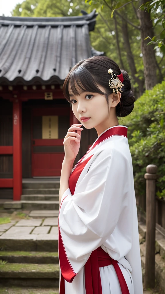 ((最high quality、Tabletop、8k、Best image quality、１Only people))、Japanese Shrine maiden of the Edo period、Japanese hair ornaments、Shrine maiden&#39;White、Shrine maiden千早、Shrine maiden&#39;Red too、long Red too、perfect red and white Shrine maiden costume、The atmosphere of ancient Japan、classic and classic Shrine maiden、Classic atmosphere、Depiction of the film、classic Shrine maiden、Full of Japanese atmosphere from the Edo period、Look at me、Elegant smile、Upper body photo、Perfectly recreates the atmosphere of Japan during the Edo period、halo、high quality、Japanese Idols、1、Line of sight、Medium Bob Hair、Brown Hair、Brown eyeshadow、Light pink blush、eyeliner、Beige lipstick、Glossy lips、Fine hair、slightly disheveled hair、Fine lashes、Fine skin pores、Low - Angle