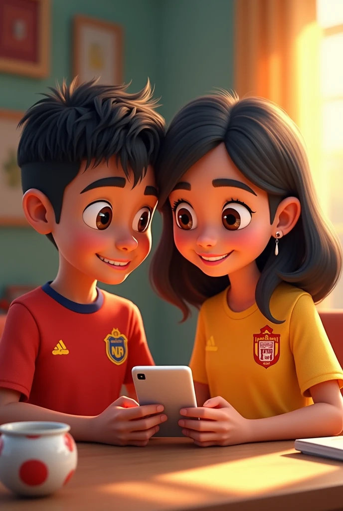 Create animation character 30 years old. Boy and his sister useing Mobile phone . His Jersey  name Tanvir and her jersey name Lamisa.
