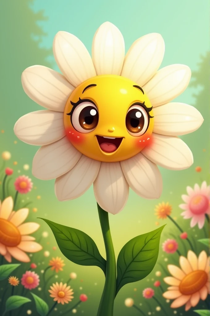 Cartoon chamomile plant with face and eyes