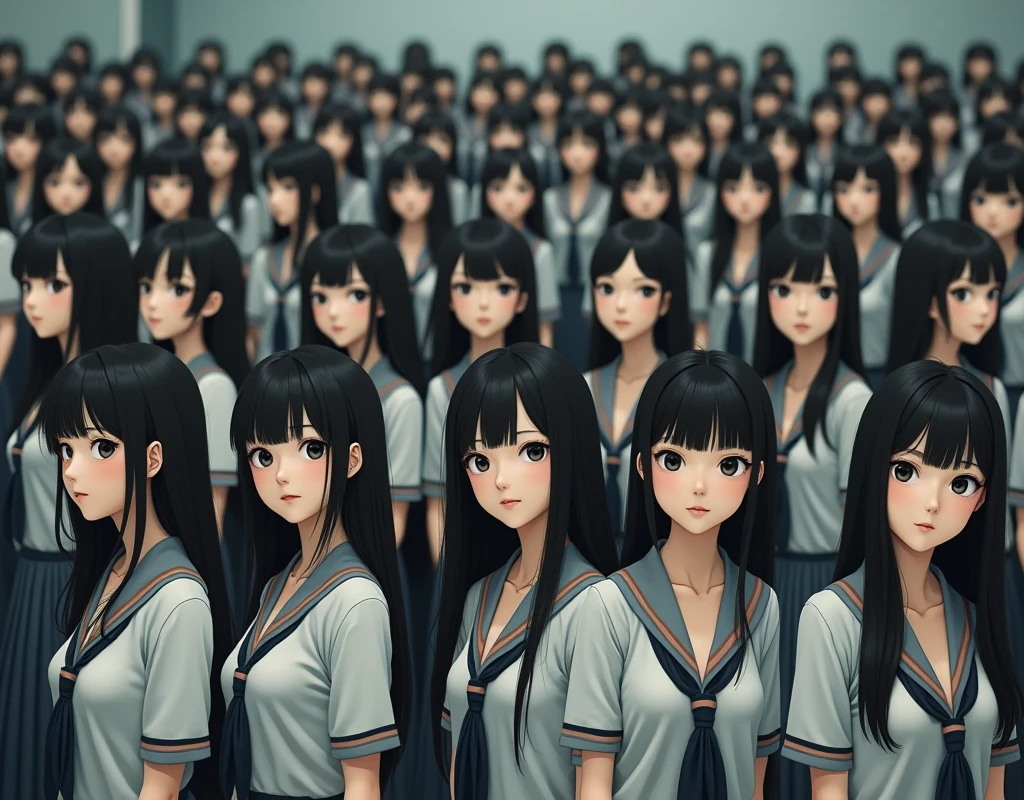 (Japanese Clone-girls=Myself), (Super Best masterpiece Clone-girls Raw Photography Art), (16K, Highest quality, Ultra-high resolution, RAW Photos), (It&#39;s so unrealistic., With unparalleled depiction, With an unfathomable sight, An unprecedented and shocking worldview, Clone-girls: In a world of mass reproduction, Ultra-realistic), (Japanese Girls, 16yo, Small face, Thick black hair, long hair, Dark Eyes, Mature face, かわいいsmile, Smiling face, A gentle gaze, Very pleasant look), (Very beautiful detailed girls, Accurate body structure, Accurate body movements, Very detailed body, (Super big breasts, Large bulge of ample breasts)), (Schoolgirl uniform, Short sleeve, mini skirt, Emphasise the fullness of your breasts), (Very detailed, Myself cloning, Depiction of splitting oneself, 1Myself girl→1,000,000,000,000,000,000,000,000,000,000Myself cloning girls), (Very detailed and intricate, Myself&#39;s body is multiplying, A perfectly matched depiction, (In the same female body,With the same face, With the same hairstyle, In the same clothes, At the same height, 同じSuper big breasts), 1,000,000,000,000,000,000,000,000,000,000 people mass proliferation), (Myself girls only), Academy, academic level, Commemorative photo depiction, Tiered stage photography, smile, Front view