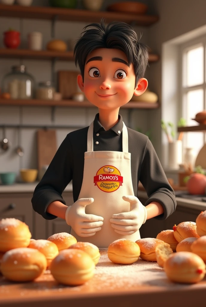 Create a Pixar-style cartoon scene in 3D, Where a man, short straight black hair, black and normal eyes, aged 22, vestida com uma dolma de salgadeiro preto e um avental branco Ramos&#39;s Snacks com seu logotipo desenhado no peito escrito "Ramos&#39;s Snacks" (Savory Risolis and Sausage Rolls). He is inside a kitchen full of savory Risolis and sausage rolls.. He&#39;s got his hands dirty dressed like a pastry chef and says Ramos&#39;s snacks.