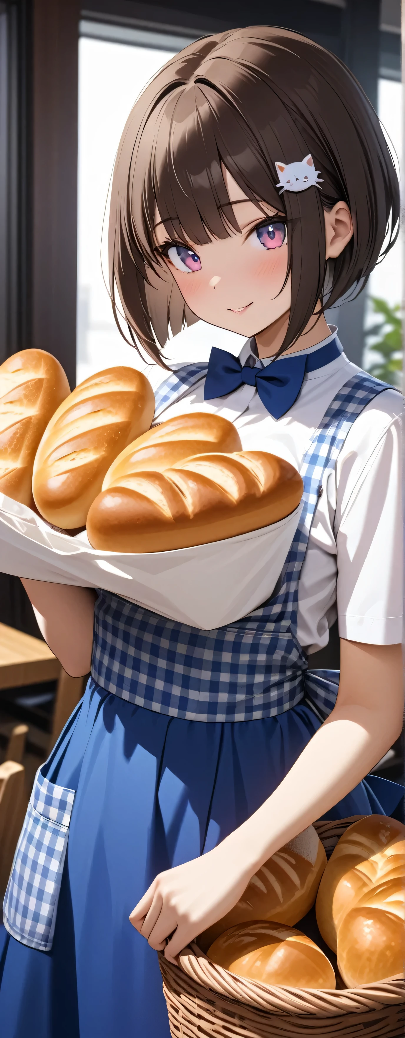 (Beauty: 1.3),One person,masterpiece, Highest quality, Ultra-high resolution,Rich contrast,super high quality,8k,Highly detailed CG unit wallpaper,texture,Unbelievably absurd,Ultra-high resolution,RAW Photos,Depth of Field 1.2,crew, blue bow, blue bowtie, white shirt, short sleeves, blue skirt, blue apron, gingham apron, employee uniform, high-waist skirt, waitress,(Brown Hair,Sharp bob,Berry Short),happy,Very fine eye,bigeyes,looking pleasured, (Perfect hands, Perfect Anatomy),Glowing Skin,Cute cat hairpin,restaurant,Walking with a basket full of freshly baked bread,(shoot from front,close up,extreme)