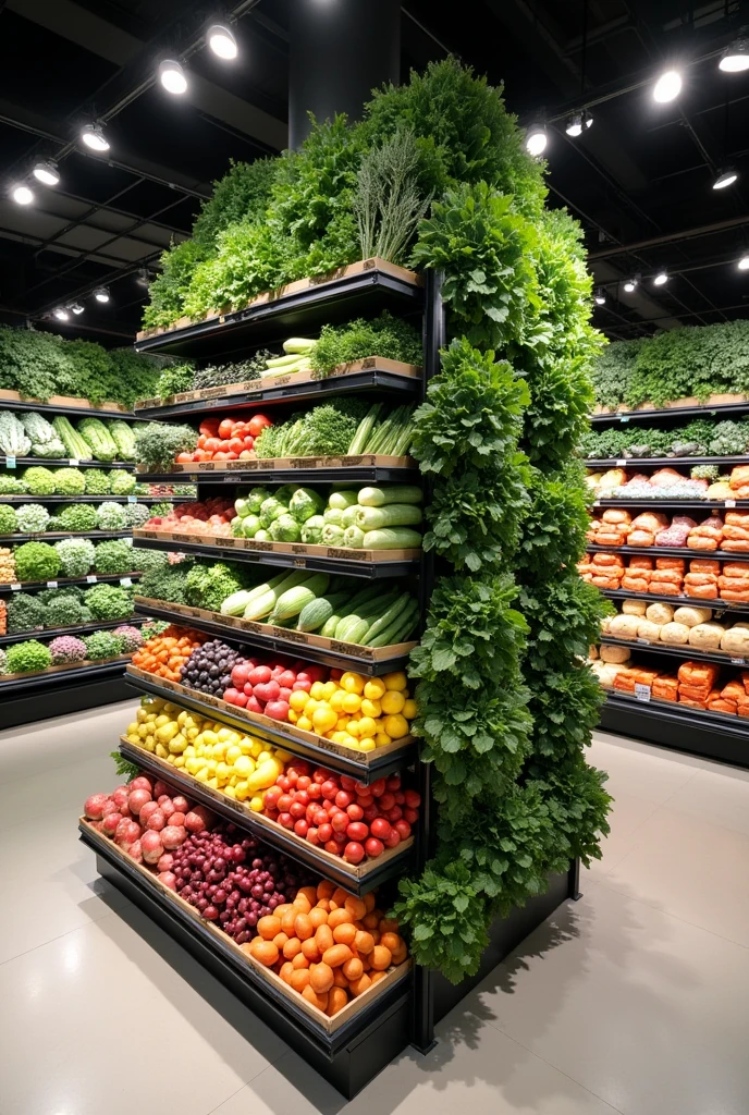 A vegetable shelf inside a supermarket front top view 20 meters high 