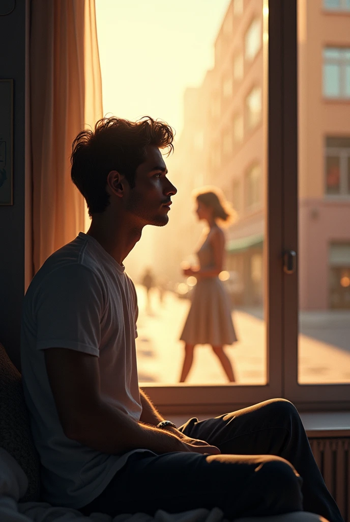 Make a guy sitting looking out the window at a girl as she walks by
