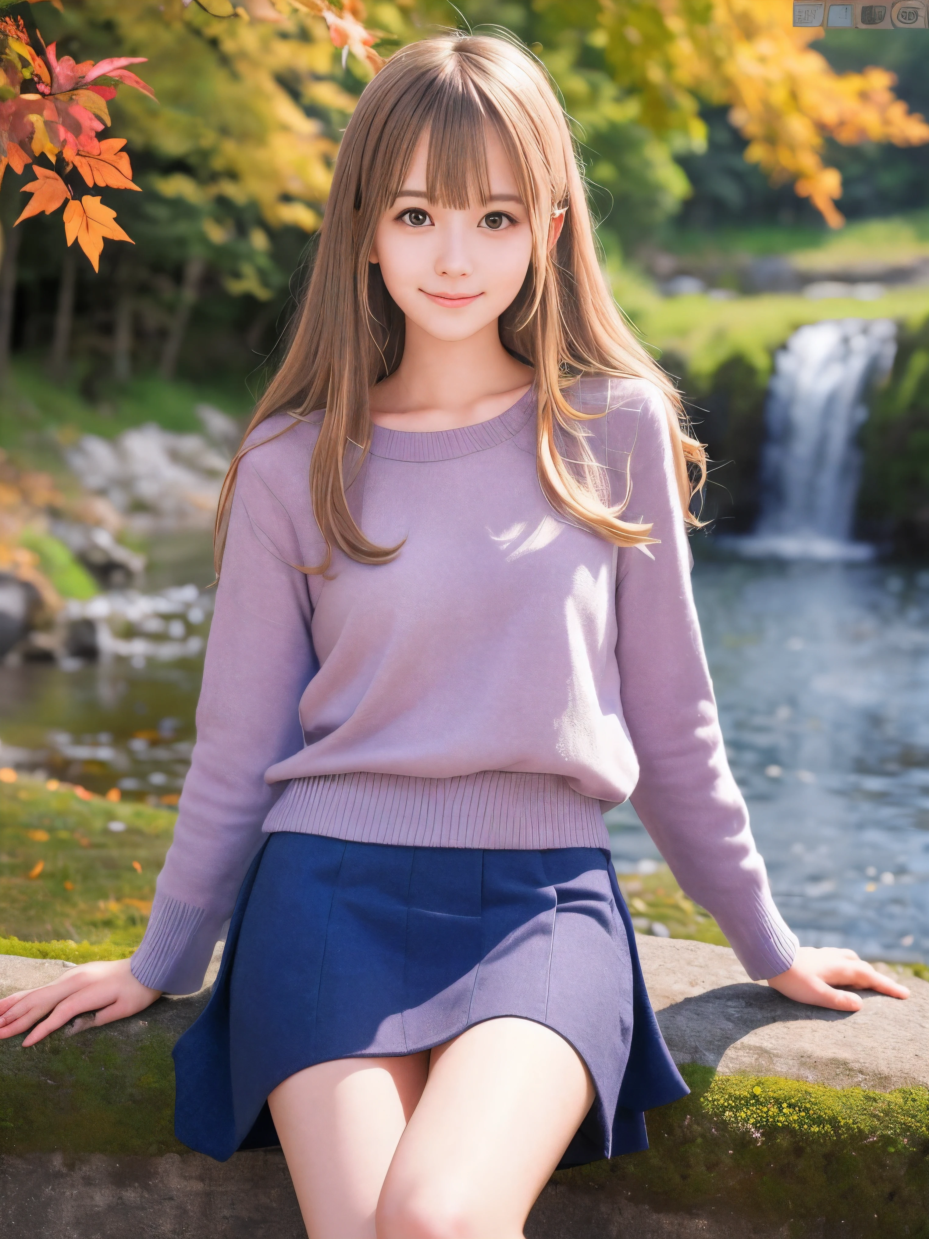 (Close up face shot of one slender small breasts half up blonde long hair with bangs girl in a long sleeves shirt and sweater and skirt:1.5)、(One blonde hair girl is leaning forward with small smile on the dart road near the lake and big waterfall in Japan:1.5)、(Beautiful autumn red leaves and mountain:1.5)、(Natural light:1.5)、(8k ultra detailed master piece:1.5)、(perfect anatomy:1.5)、(Photorealistic stick:1.5)、(Raw photo:1.3)、(highest quality:1.5)、(High resolution:1.3)、(Delicate and beautiful perfect face:1.3)、(Delicate and beautiful eye air skin:1.3)、(Real Human Skin:1.3)、((thin legs))