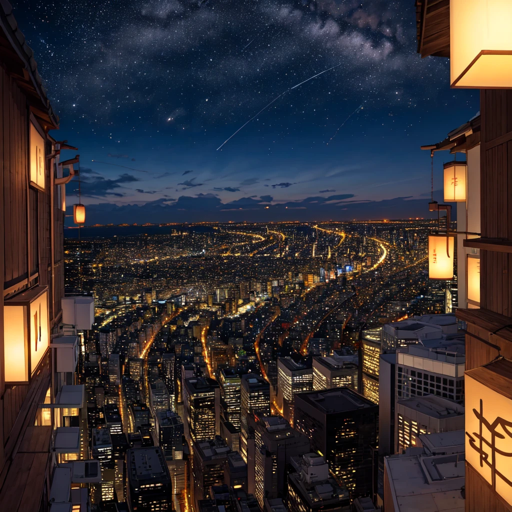 This is the rooftop of a high-rise building in Tokyo late at night.、Beautiful starry sky、Night view of Tokyo&#39;s buildings at midnight、Two adult women wearing indigo sailor suits、One is a woman with white hair wearing a large black witch hat with a sapphire accessory, and the other is a woman with dark brown hair wearing a large black witch hat with an amethyst accessory.、witch's hat、Blue eyes、Bruised and cute、An illustration、Two-dimensional illustration、Japan anime、drawn by Japanese ilastrator、high resolution、4K quality、High Quality、High resolution、5 megapixels、High Detail、Beautiful background、