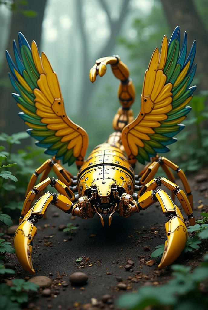 I want a yellow Brazilian Scorpion made from metal parts with feathers (with two tails and a stinger) in the jungle and has wings and characteristics of Brazil