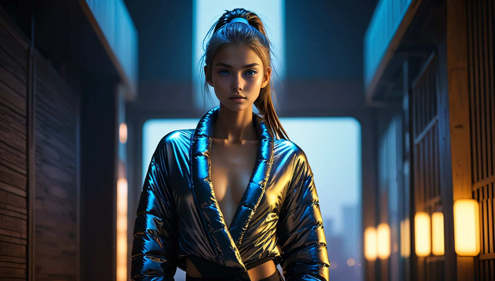 Top Quality, Masterpiece, High Resolution, 8k, (((cute skinny barely legal girl in oversized puffer Spa Wrap Top, wide neckline, deep neckline, small perky breasts, beautiful detailed eyes, beautiful detailed lips, small closed mouth, extremely detailed face, long ponytail hair, small hips))), cyberpunk apartment, moody atmosphere, dramatic and random neon colors, futuristic setting, intricate details, at night, backlit, full body shot, view from distance
