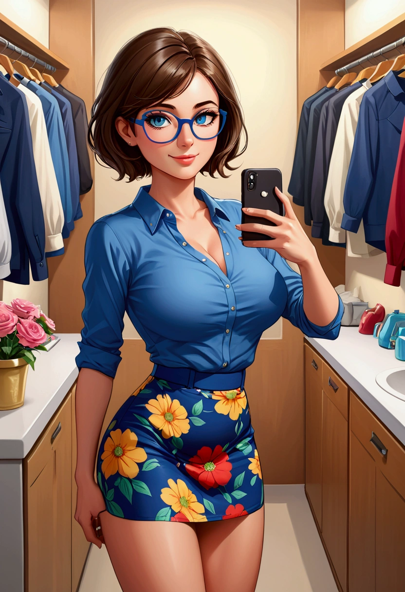 20 years old woman, Short brown hair, Mediterranean with blue eyes, Generous and heavy breasts, slender waist, definition of l'estomac, fesses rebondies et pulpeuses, naturally curved, muscular thighs, aguicheuse , blue eye, lunettes, fitting room, flower long Summer dress, wedge ,Selfie, earrings