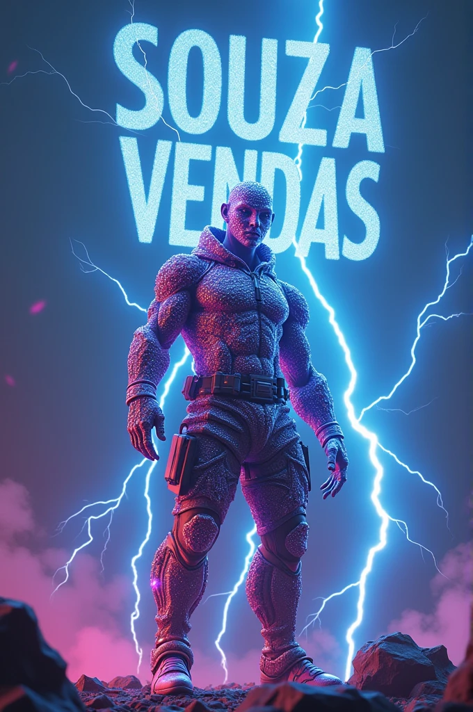 An image with a free fire character with a gem skin written Souza vendas in blue and lightning bolts in the background of the image