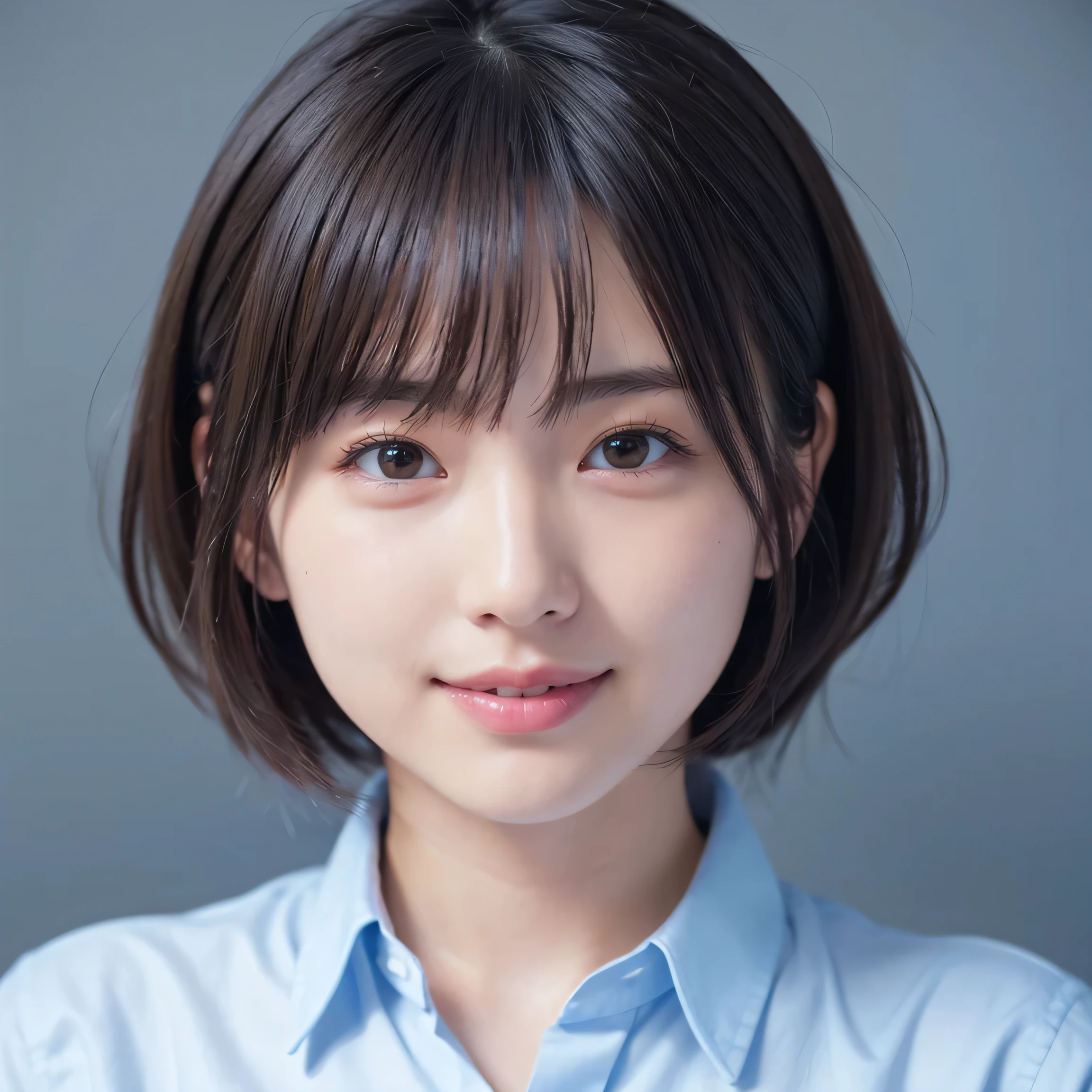 Very cute one、、short hair、Gray Hair、reduce hair volume、Blue background、Upper Body、(head shot:1.5)、Eyes focus、Collared shirt、Laughter、、(8k、RAW Photos、Highest quality、masterpiece:1.2)、(Realistic、Realistic:1.3)、Hmph、The depth of the written world、Wide Light、High Contrast、(Shine:1.4)、chromatic aberration、Sharp focus、Raw color photography、Cinema Lighting、8k resolution、
