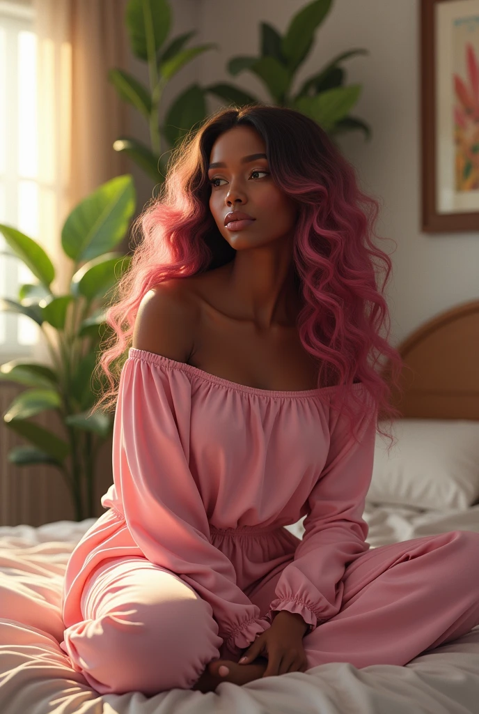 (photorealism:1.2), beautiful black woman, sitting on bed, wearing pink loose off-shoulder top, pajama pants, long curly pink hair, indoors, soft lighting, plants in background, window with sunlight, cozy room, relaxed pose, realistic, intricate details, warm colors, with LYNNE on the wall