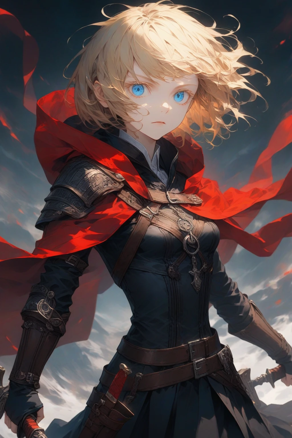 masterpiece, best quality, very aesthetic, absurdres,1girl,rating: general,(hyper detailed eyes),blonde hair,short hair,[disheveled hair],colored eyelashes,blonde eyelashes,blue eyes,(sharp eyes),(slanted eyes),choppy bangs,medium breasts,clear face,expressionless,red hooded cloak,leather armor,dual wielding,dagger,