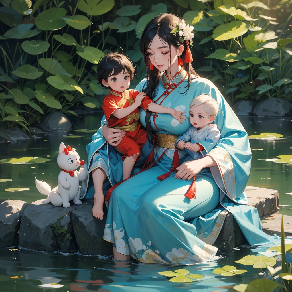 A -yead bab an ancient Chinese baby costume wiis beautiful mother, dressed in an white ancient Chinese costume, playing with each other, with his handsome father standing next to his mother, close up.

Sitting fishing next to a green stream, a blue river full of fish. flowing slowly