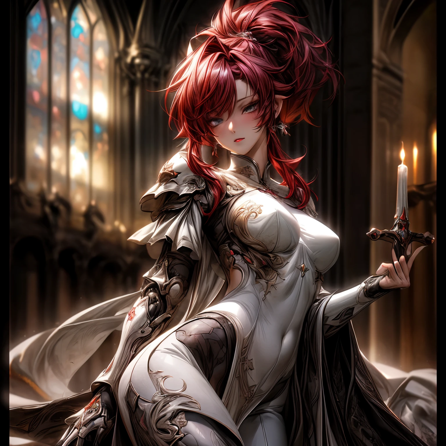 (best quality)), ((Masterpiece)), (details:1.4), 3d, HDR (high dynamic range), an image of a beautiful cyberpunk female, fantasy, Medieval, Red hair, Highi ponytail, Beautiful white eyes, จมูกโด่ง, Hips up, ปากแดง, หน้าอกใหญ่, nvidia RTX, PBR surface, After processing, Anisotropic filtration,depth of field, Maximum clarity and clarity, multi-layered surface, Subsurface scattering, perfect proportions, 8K raw files, ultra detailed, Perfect proportions, volumetric lighting, soft lighting, Holy Paladin, Heavy Black Armor, glossy skin, intricate silver embroidery, gorgeous, chapel background, jewely, ต่างหู, นิ้วมือสมบูรณ์,