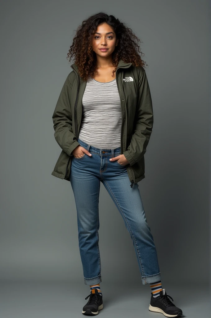 beautiful latin woman, standing straight facing forward,with a jacket for the cold north face, denim jeans pants, on a greyish background, cotton t-shirt texture, fitted t-shirt, round neck, striped tights. Medium camera shot.