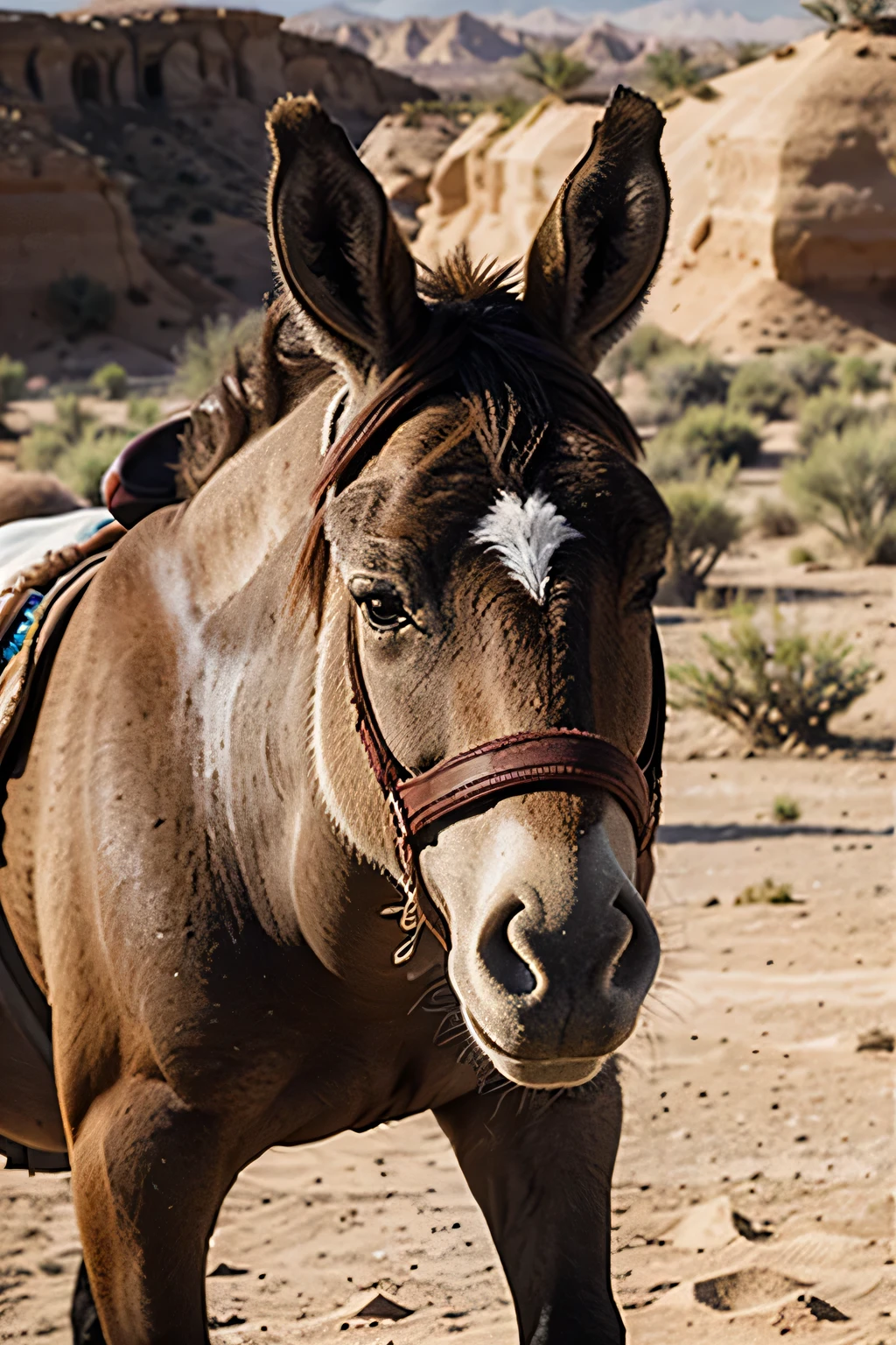 Standed and thristy donkey in a desert