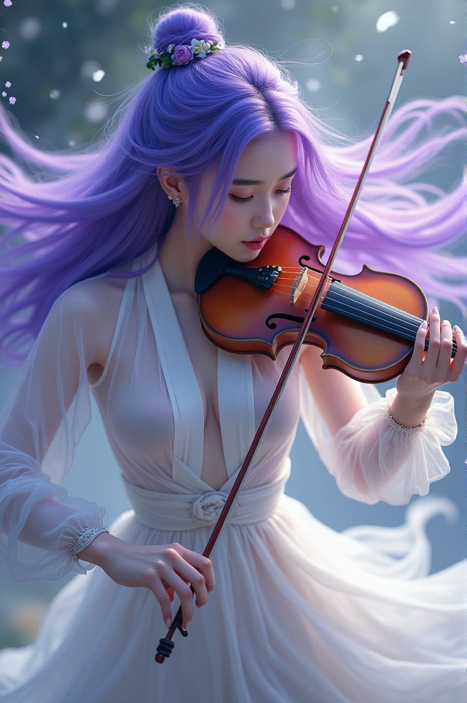 Mulher borboleta de cabelo roxo coreana com fone de e roupa branca transparente em batalha de violino 🎻 música 