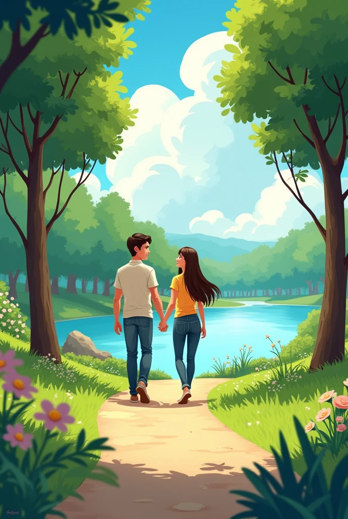 A couple walk a beautiful a park 
