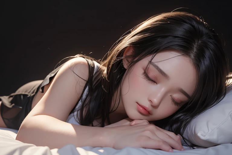 masterpiece, Highest quality, Very detailed, To the camera, 複雑に詳細なVery detailedな, Realistic, Sharp features, Very detailed, Sharp focus, Perfect Face, Perfect Face, Perfect symmetry and perfect eyes, Perfect Plump Lips, Flexible female form, Cinematic, Film Light, Very detailedな, hyper Realistic, masterpiece, Atmospheric, High resolution, Vibrant, Dynamic Studio Lighting, ((Dark Background)), Facial expressions when feeling happy, (Woman lying in bed),(Plump butt),Realistic、Perfect body、(Curved waist)、(Woman sleeping face down)、(Eyes closed, sleeping expression)、(whole body)