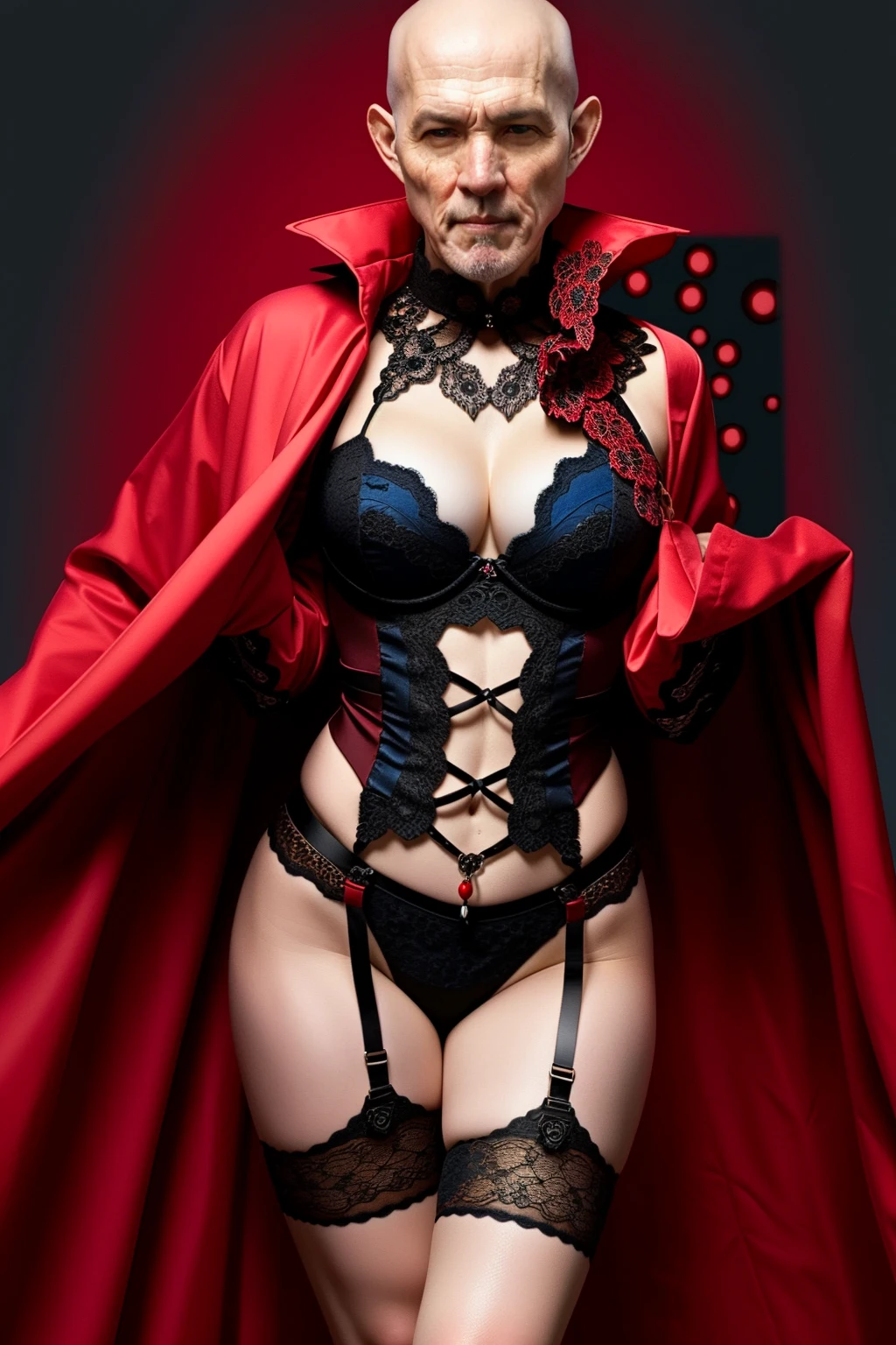 Huge woman with a toned body((1 mature female,tmasterpiece,best qualityer,hyper-detailing,illustratio,Fine and detailed eyes and detailed face) garments:Hostess costume,Small black panties outlined the curves of her rounded hips,Blood-red oily silky pantyhose tightly wrapped around her well-proportioned and powerful beautiful legs,Wear black high heels,Expose shoes,General of special forces, allure:(Tall:1.4),Tall,Mature temperament,Blood-red hair color eye shadow and ruby-like eyes are embellished,Majesty,Mature temperament,standing on your feet,The blood-red lipstick has a seductive water color on the lips,Her skin is smooth, fair and radiant,(Purple eye:1.05),Lips with blood red lipstick,Wide buttock,Cleavage is seductive,maternal,looking at viewert,curvy build,Raised sexy,(a matural female,A MILF:1.1),独奏,(curves:1.1),(big assa:1.4),(Thick thighs:1.4),A MILF,Majesty,Royal bedroom background,are standing