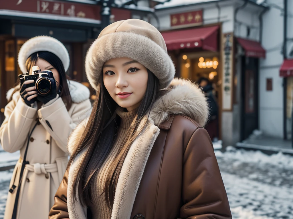 In the city of Russia、Wearing traditional mink fur、woman。Looking at this、(((Staring at the photographer、ペアのwoman)))