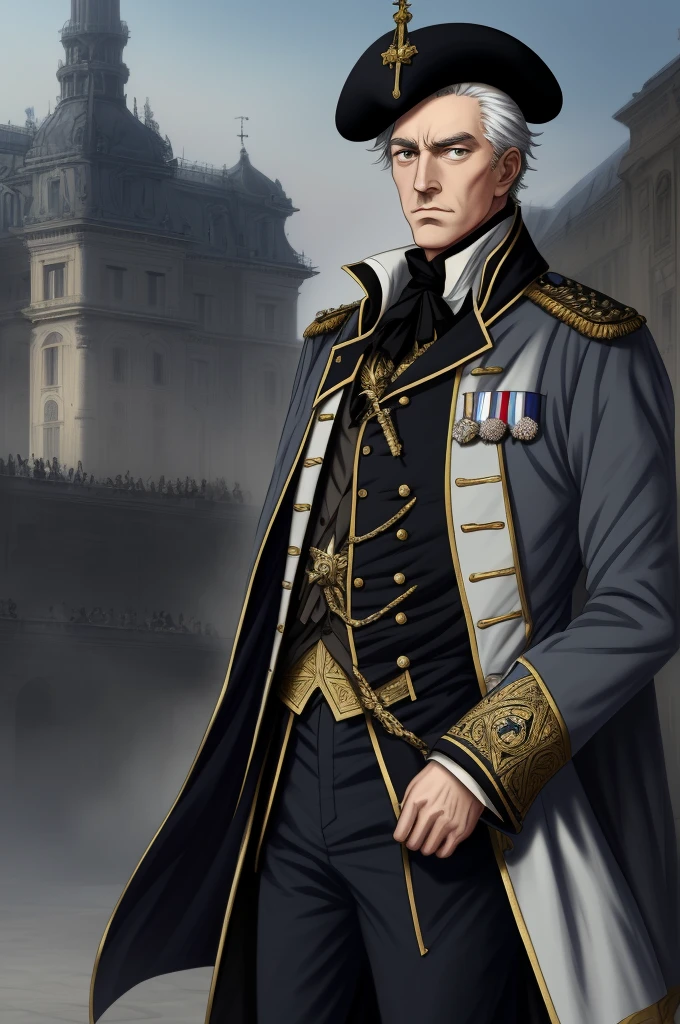 Highest quality, masterpiece, High resolution,，（Marmont），French，French Revolutionary Soldier，Medals，marshal，（French cityscape_background），Middle-aged men，Anime Style, 4K, alone，whole body， looking at the camera, ，White side hair，black_coat， Hyper Detail, (Intricate details),