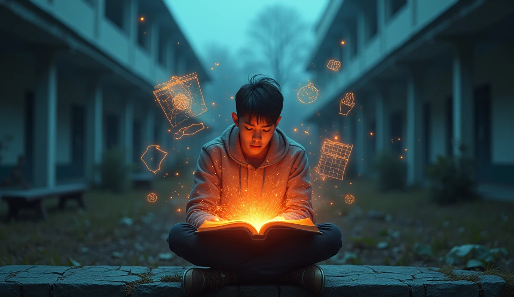 focal point, sitting on a cracked bench in an overgrown, abandoned campus. The notebook should appear to be radiating light, with holographic sketches and plans emerging from its pages, floating in the air. In the background, the character is slightly out of focus, looking at the notebook with a look of determination and awe. Use a cool, desaturated color palette for the background, contrasting with the warm, vibrant glow of the notebook. Overlay the text 'RISE FROM THE ASHES' in sleek, bold letters at the top, with a neon effect that matches the light from the notebook."