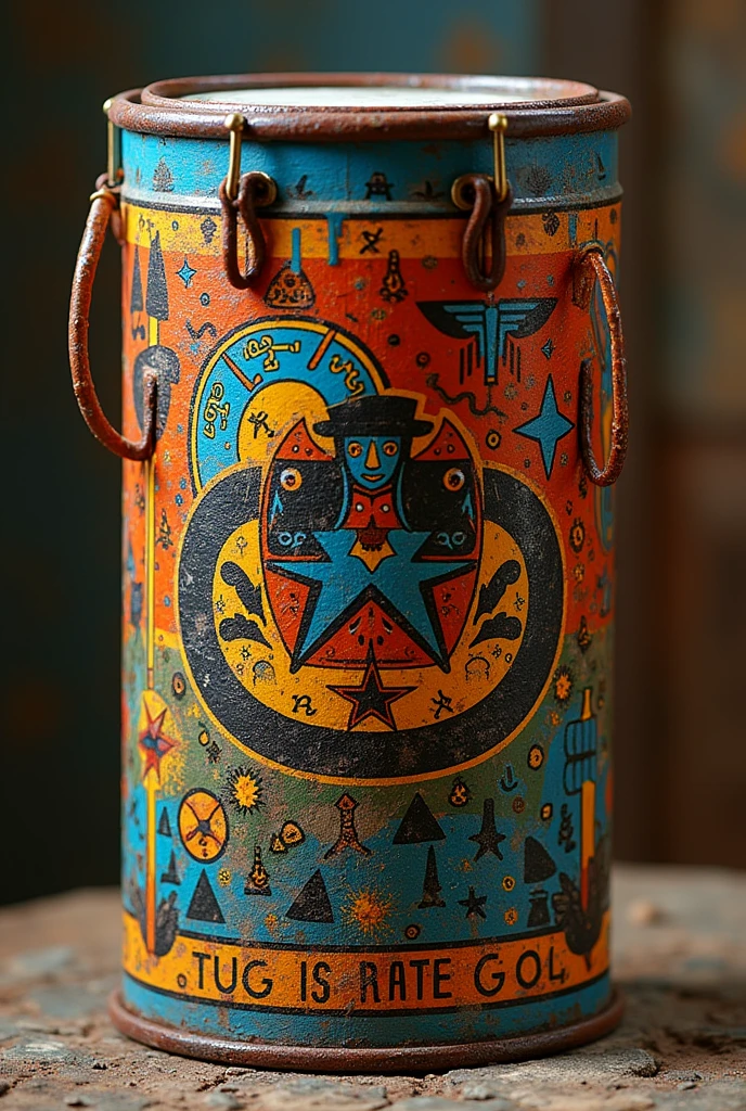 Haceme una tambor ♻️ con un tarro de pintura ambientado con la banda la deskarga Original que tenga algo atractivo de la descarga desde todos sus lados poneme algo de la deskarga la bandaa