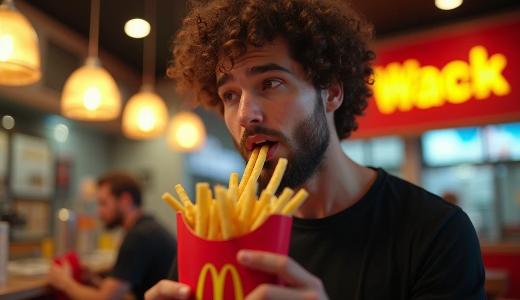 (masterpiece, best quality:1.2), (detailed, hyper-detailed, 8K HD, ultra-realistic:1.3), a close-up shot of a young man with curly hair and a beard wearing a black t-shirt, identical to the provided image, in a fast-food restaurant commercial for "Wack," with a logo similar to McDonald's but featuring a "W." The man is holding a bag of fries with the "W" logo on it and is about to bring a fry to his mouth. The focus is on his face, capturing the moment of anticipation. The background of the scene features the warm, inviting lighting of a modern fast-food restaurant, with the "Wack" brand logo prominently visible. Ensure that the man's facial features and expression are consistent with the provided image. The image is rendered in ultra-high resolution, with RAW photo quality, emphasizing the details of the scene.