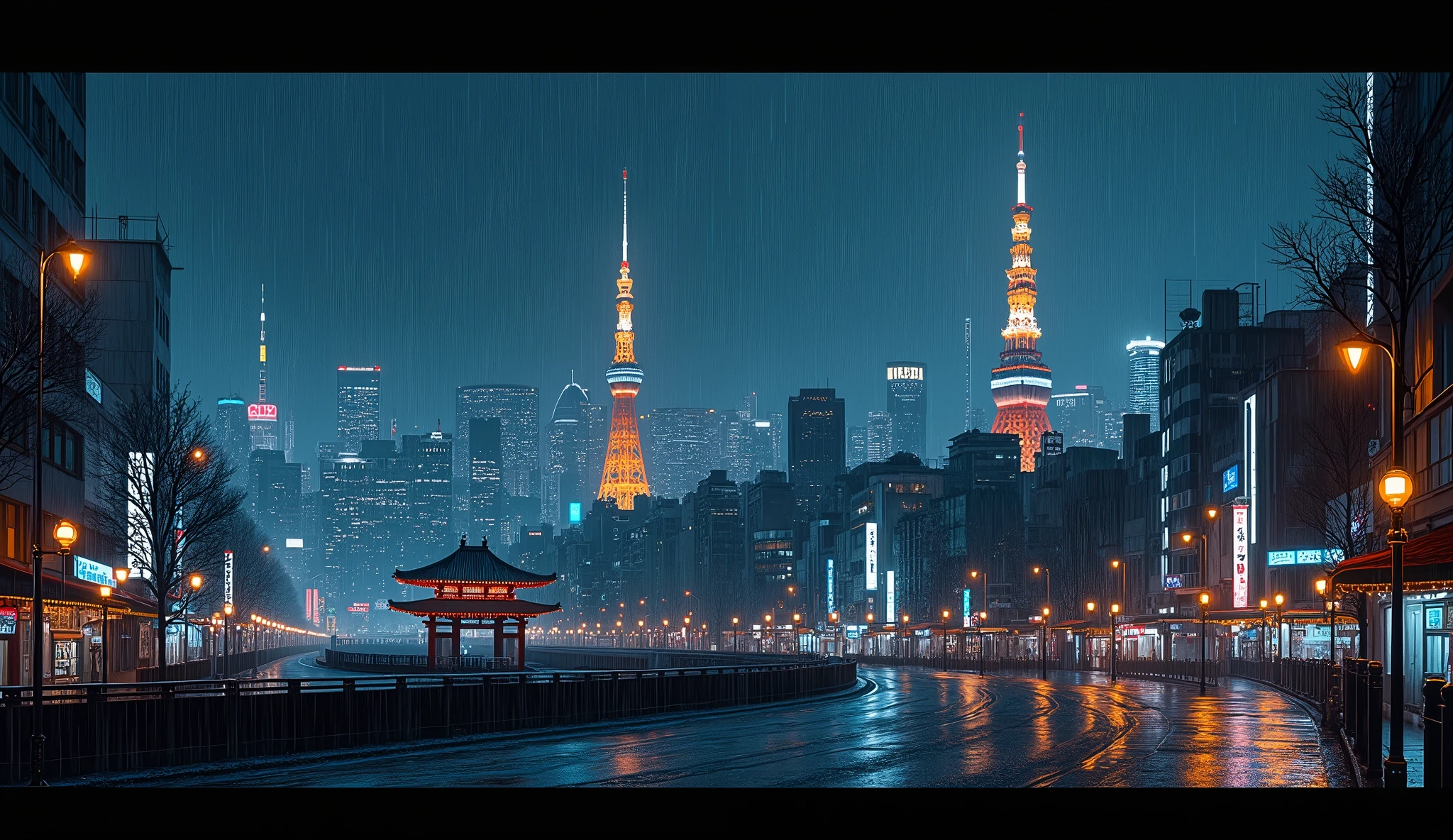Generate a nighttime panorama of Tokyo, featuring the city's iconic skyline during a gentle rain. Highlight key landmarks like Tokyo Tower and Tokyo Skytree, both illuminated and standing out against the dense urban backdrop. Include the bustling streets of Shibuya with its neon lights, and a glimpse of traditional elements like a distant temple or shrine nestled among modern buildings. The wet streets should reflect the glow of city lights, creating a moody and tranquil atmosphere. Capture the essence of Tokyo as a city where modernity meets tradition, perfect for a lo-fi music background.