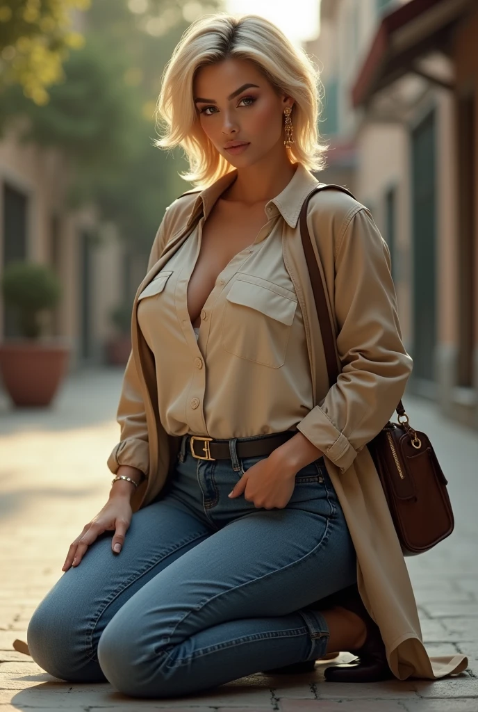 A arabe woman with short blond hair. She has an hourglass figure, massive breasts. ,Wide hips (implants), Prominent buttocks (implants). She's fully clothed, not naked or topless. Straight jeans, flowing blouse, leather ankle boots, beige trench coat, shoulder bag, gold jewelry. kneeling
