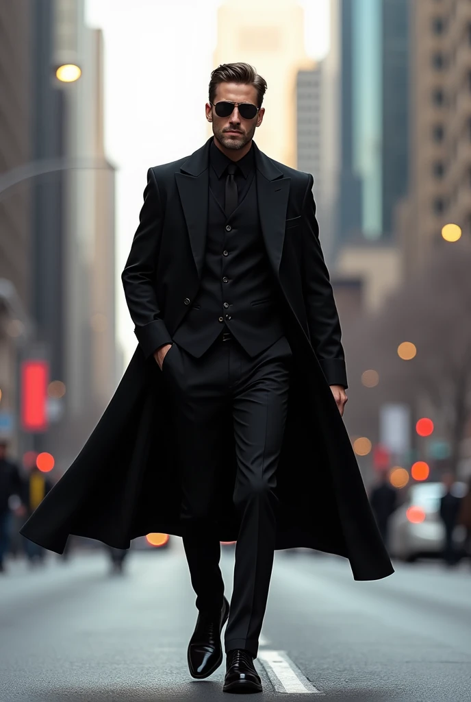A handsome man with sunglasses with balck suit and black long coat walking on road